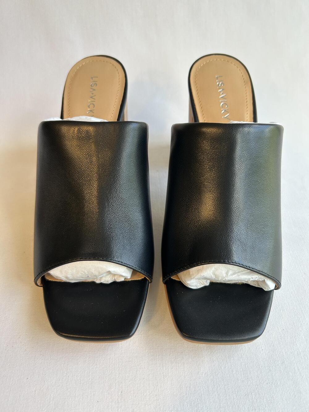 Lisa Vicky Shoes Womens Size 8.5 Black Virtue-V Block Heel Mules Sandals Nappa